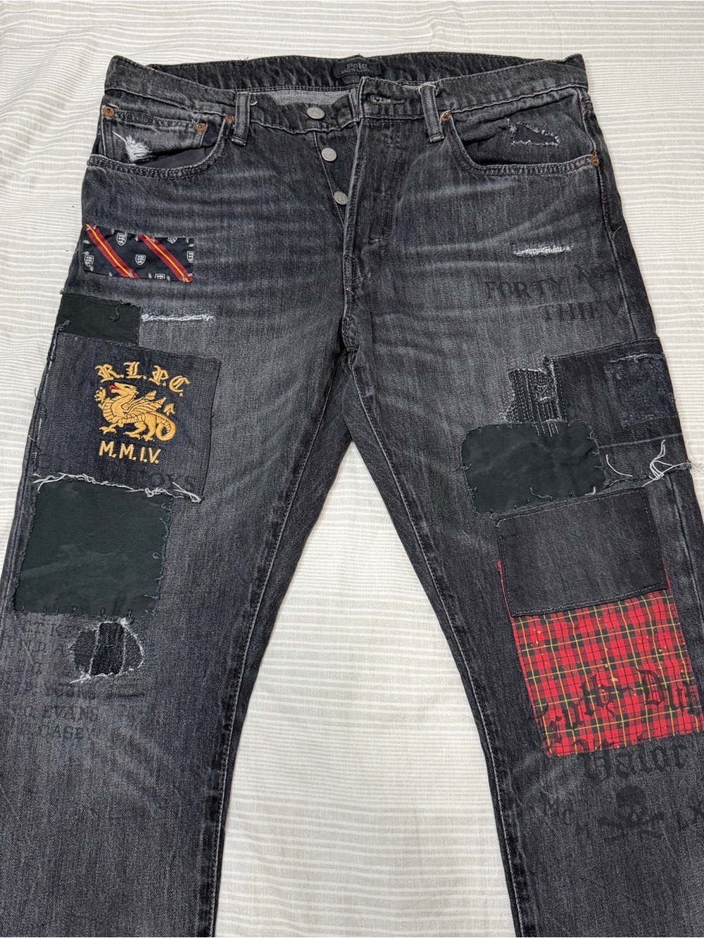 Polo Ralph Lauren Jeans 32x30 Black Sullivan Slim Distressed Patchwork Graffiti